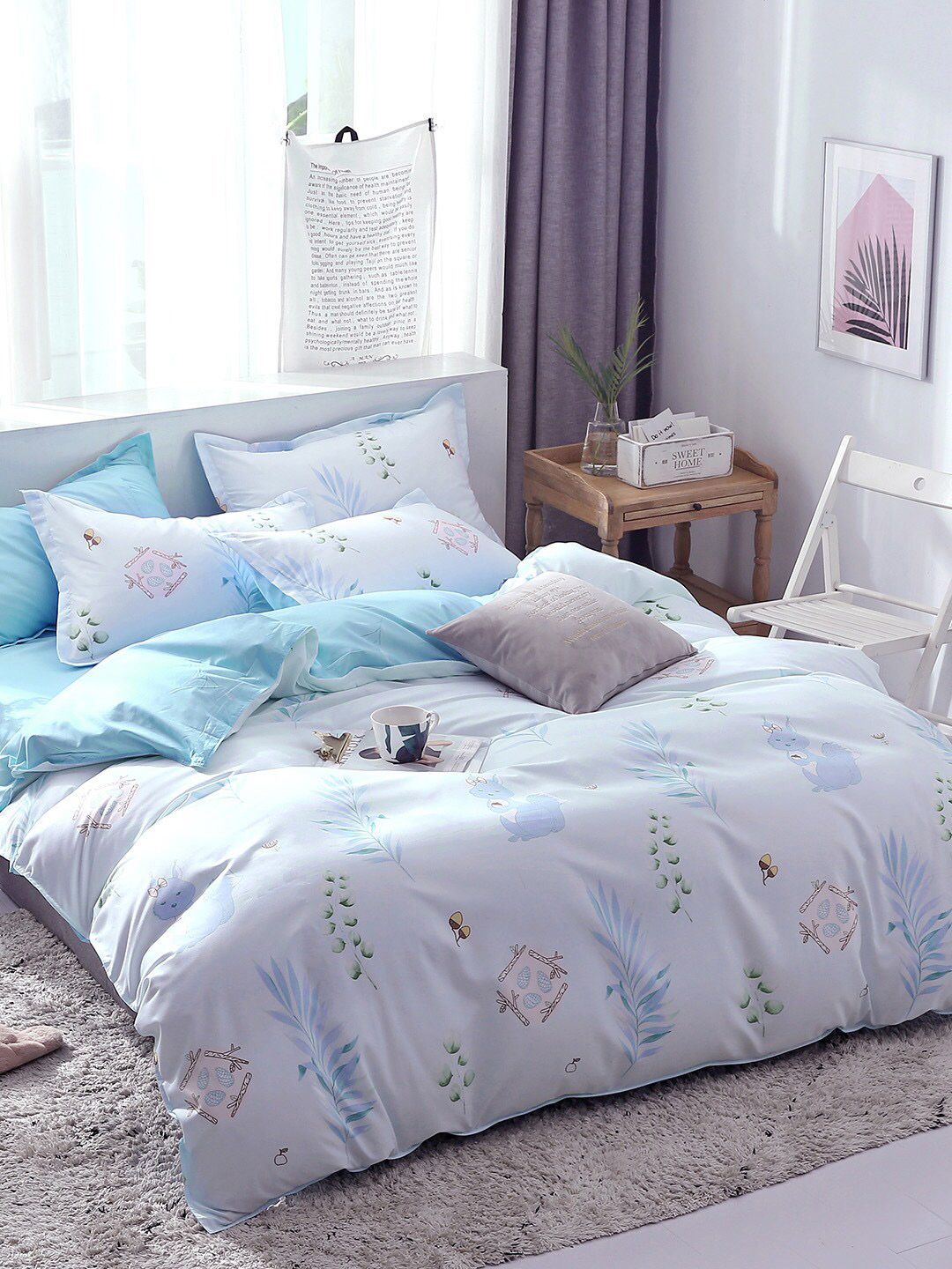 JC HOME White & Blue Conversational Printed Single Bedding Set