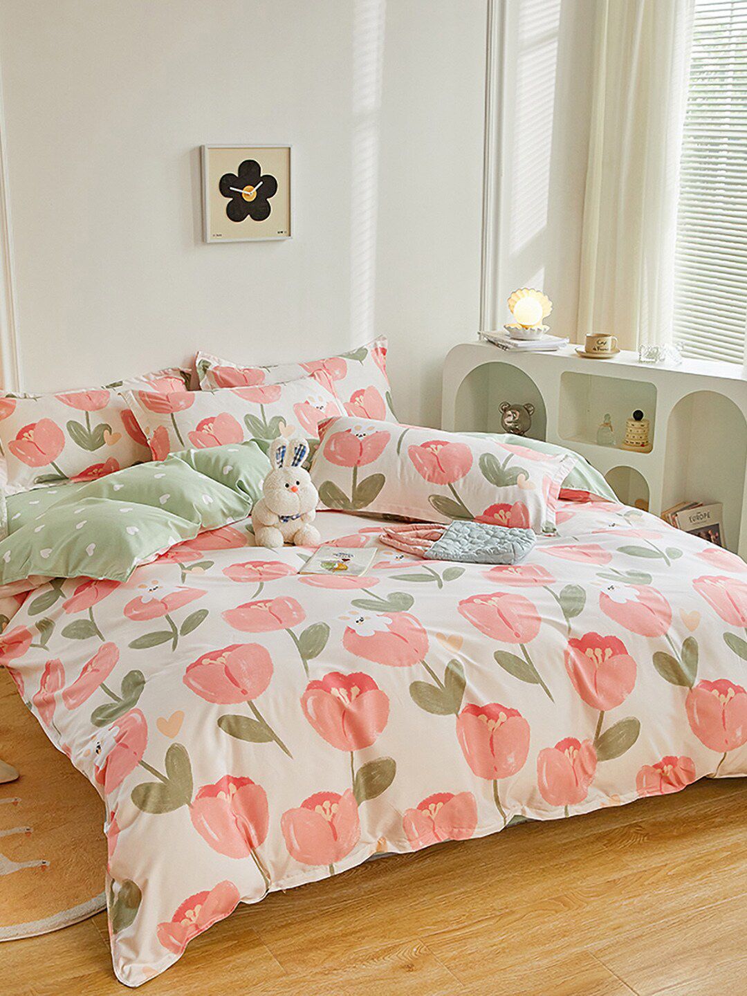 JC HOME Green  Pink Printed Double King Bedding Set-picture-31