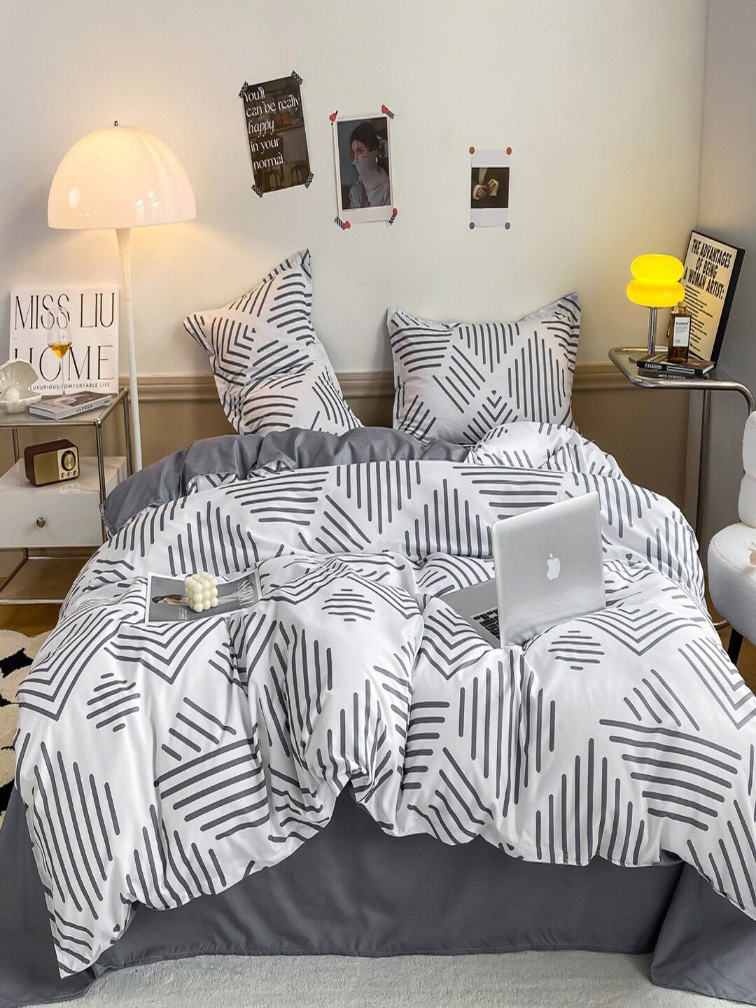 JC HOME White & Grey Geometric Printed Double King Bedding Set-image-7