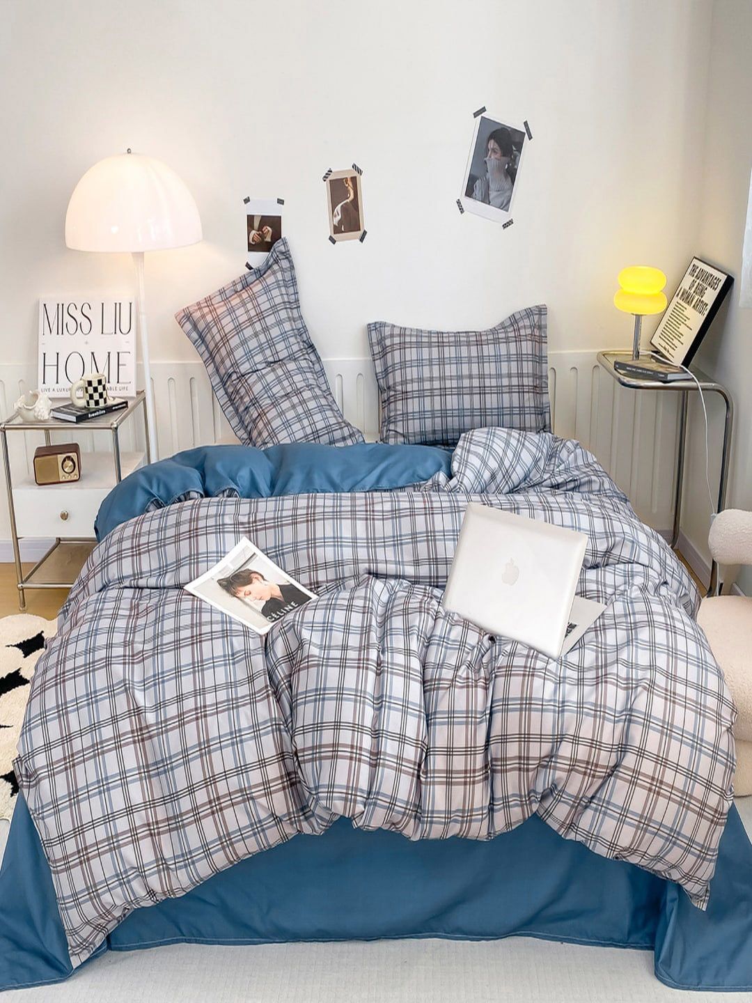 JC HOME Blue & White Checked Double Queen Bedding Set-image-13