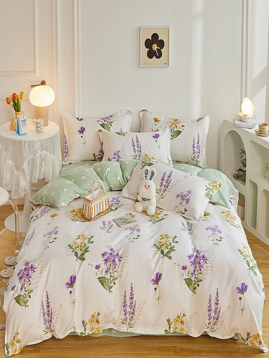 JC HOME White & Green Floral Printed Double Queen Bedding Set-image-22