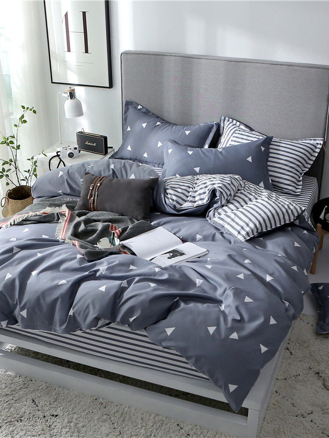 JC HOME White  Blue Printed Single Bedding Set-picture-19