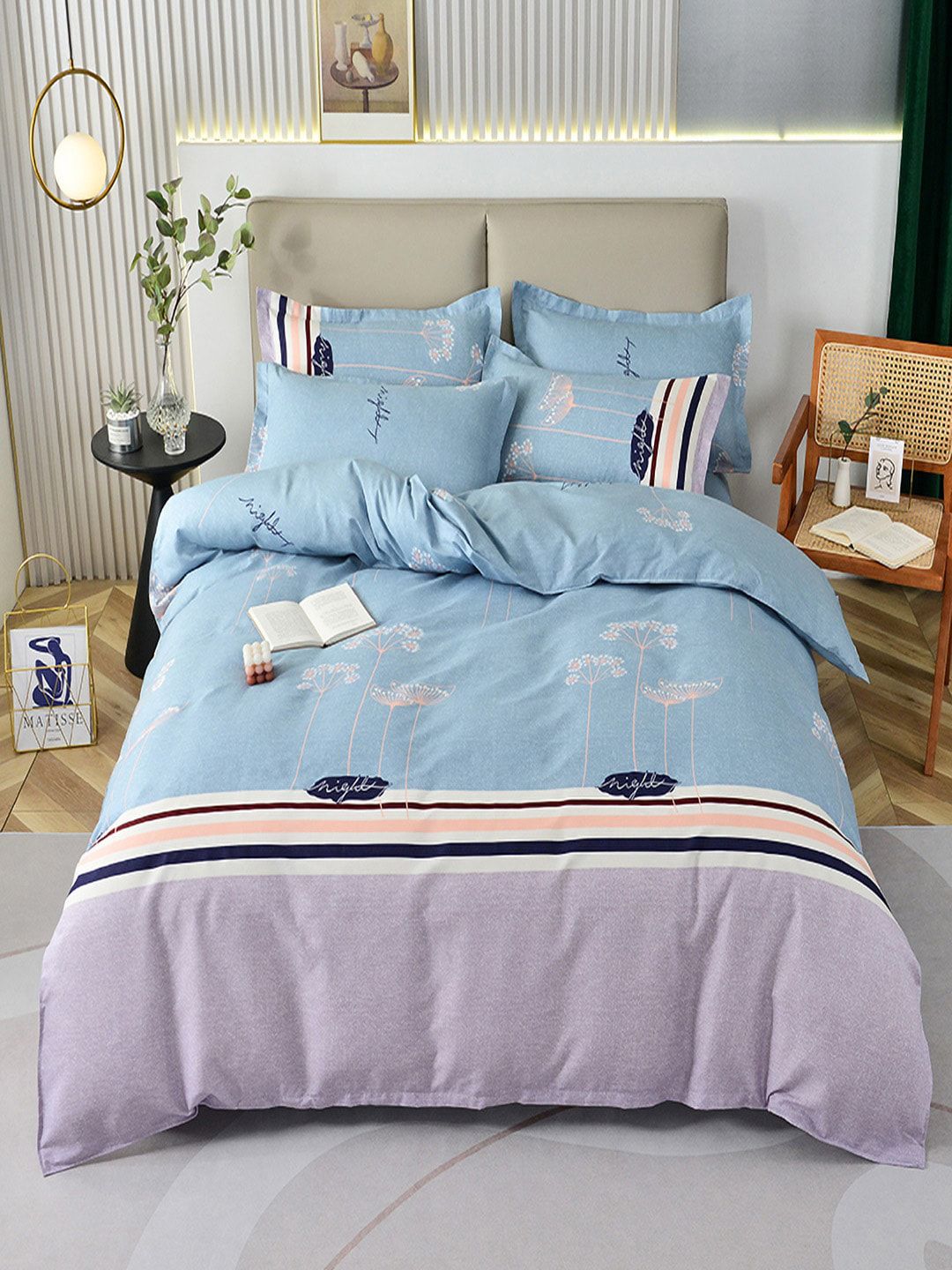 JC HOME Blue  Purple Floral Printed Double King Bedding Set-picture-29