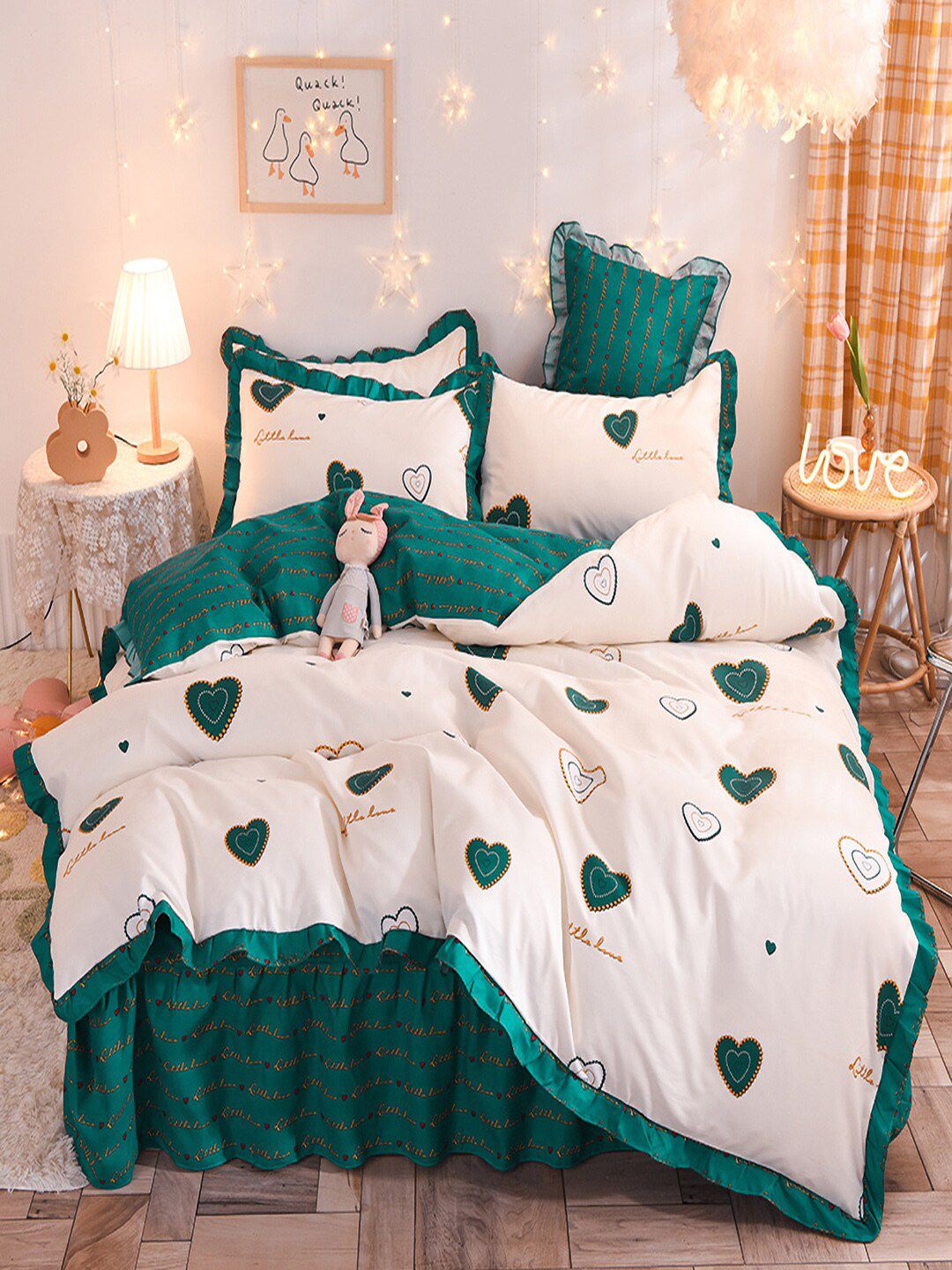 JC HOME Green  White Printed Double Queen Bedding Set