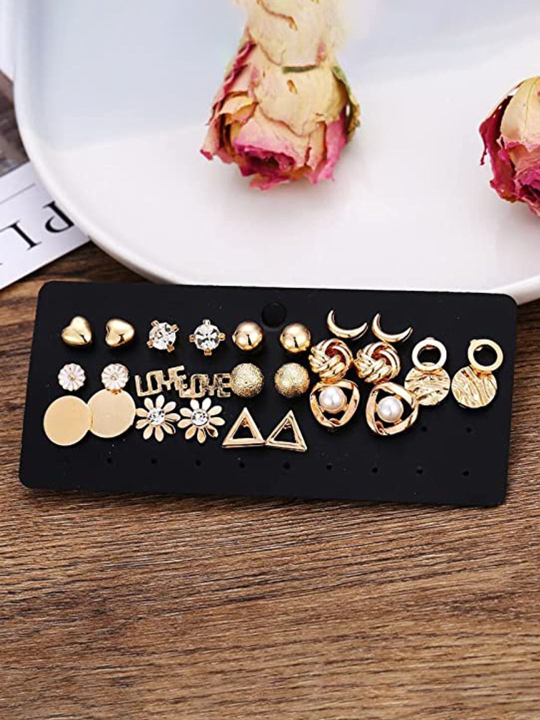 VIEN Set Of 13 Gold-Plated Contemporary Studs Earrings-picture-28