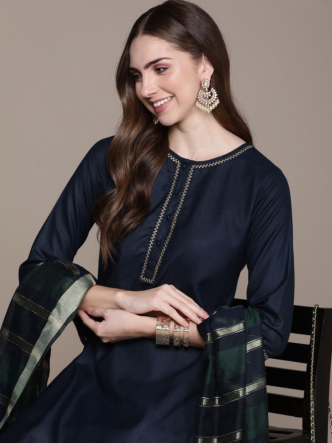 Navy Blue Jacquard Booti Straight Kurta & Blue Solid Palazzos With Dupatta