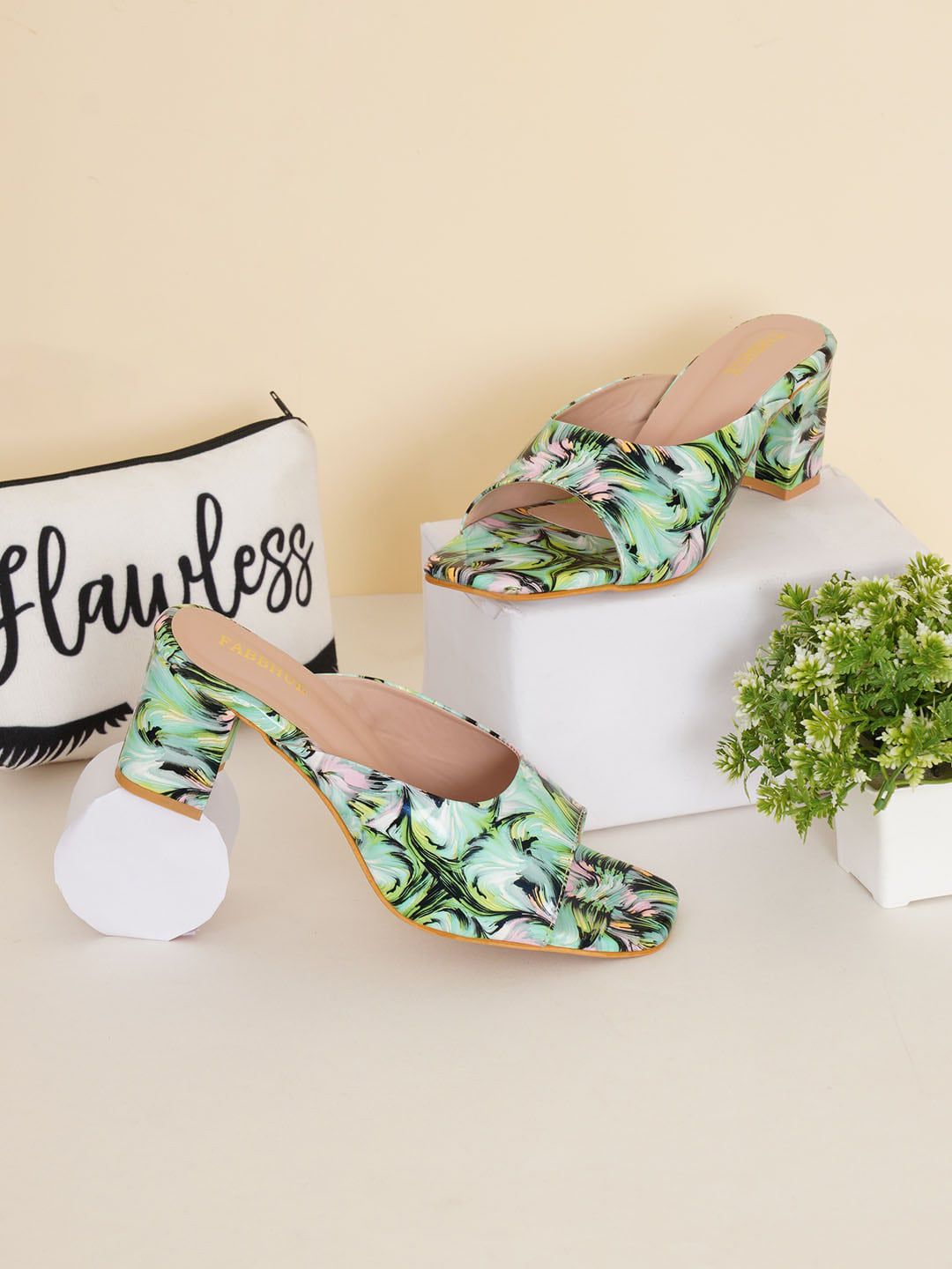 FABBHUE Peep Toes Slip On Printed Block Heels-picture-12
