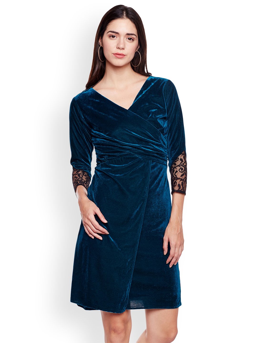 Athena Women Teal Solid Velvet Finish Wrap Dress-picture-54