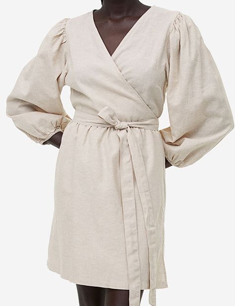 knee length dresses for ladies White wrapround midi linen dress with puffed sleeve – Piure_com