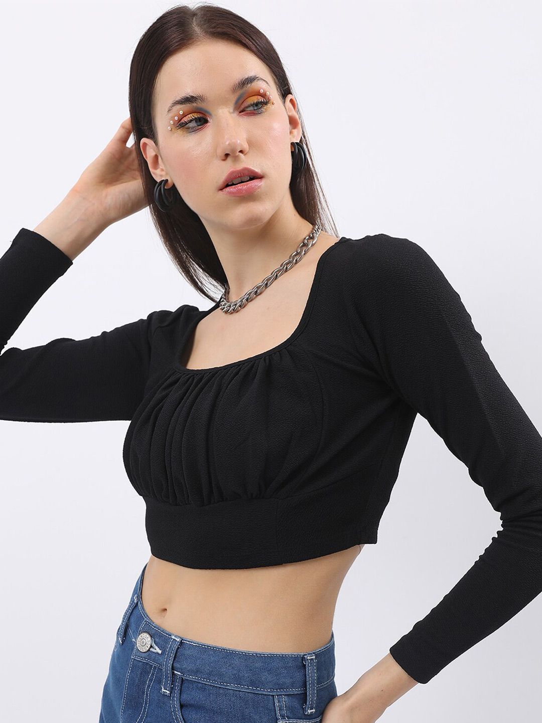 Tokyo Talkies Black Square Neck Ruched Blouson Crop Top-picture-41