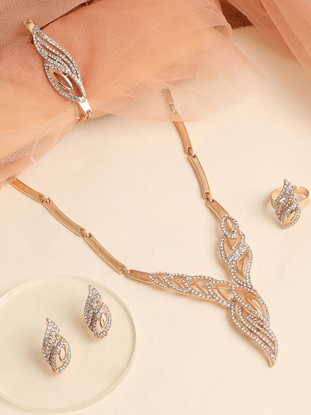 SOHI Gold-Plated Stones Studded Jewellery Set With Ring-image-14