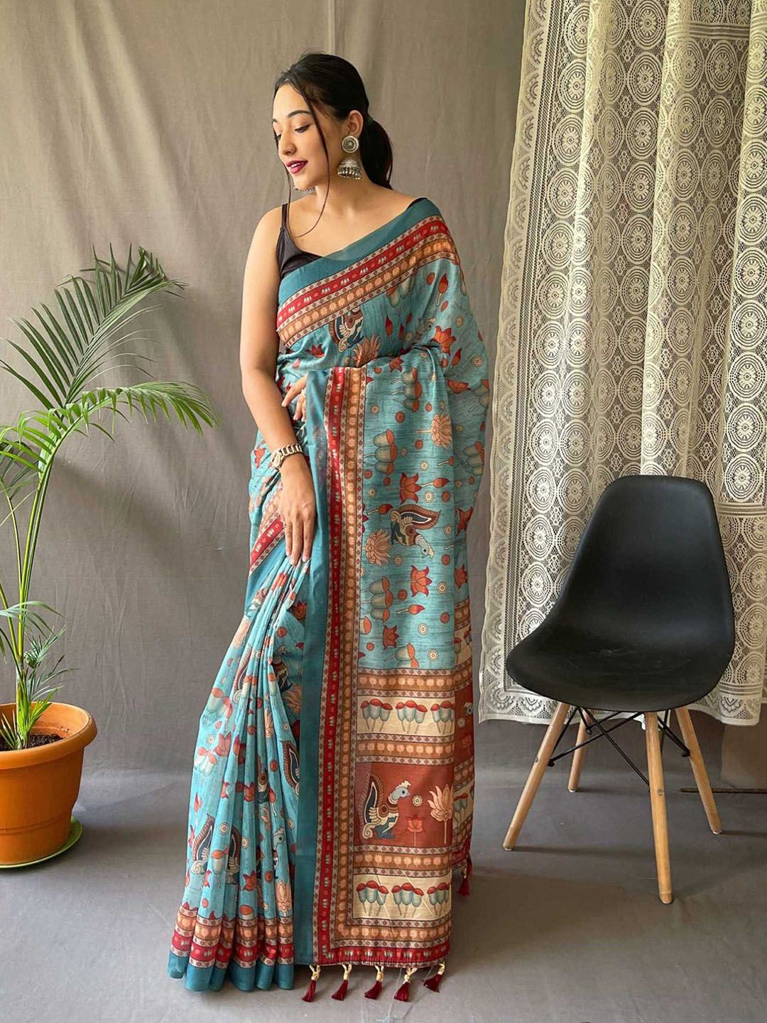 Mitera Cotton Bend Kalamkari Saree With Tassel