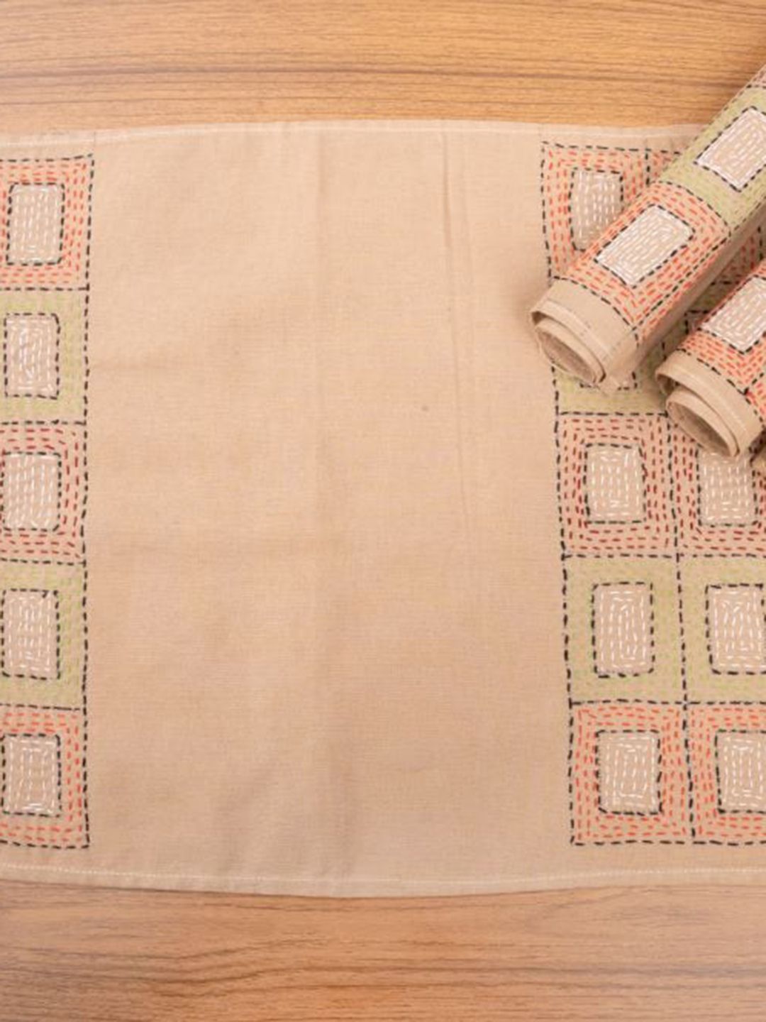 ArtEastri Set of 4 Beige Geometric Kantha Embroidered Cotton Table Placemat-picture-12