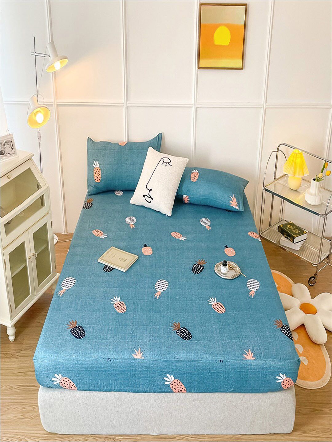 JC HOME Blue & Peach Graphic Fitted 150 TC Single Bedsheet With 1 Pillow Covers-picture-30