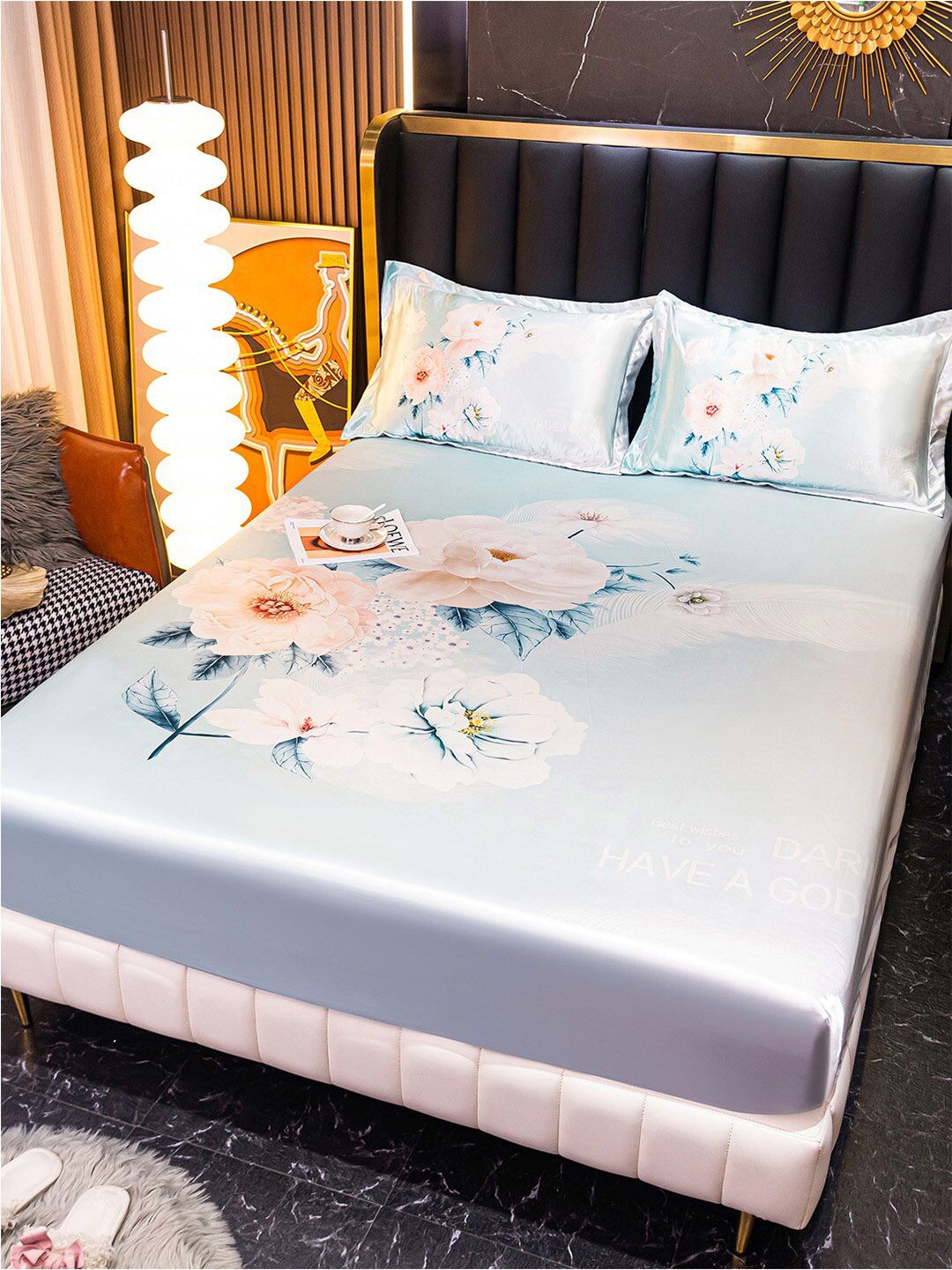 JC HOME Blue & Peach Floral Fitted 160 TC King Bedsheet With 2 Pillow Covers-picture-12