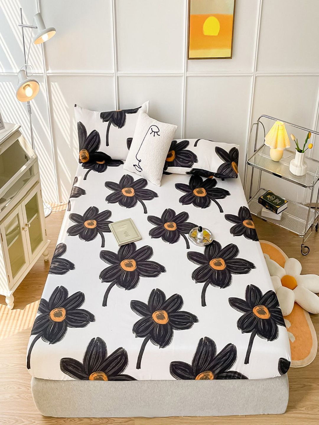 JC HOME White  Black Floral 150 TC King Bedsheet With 2 Pillow Covers-picture-16
