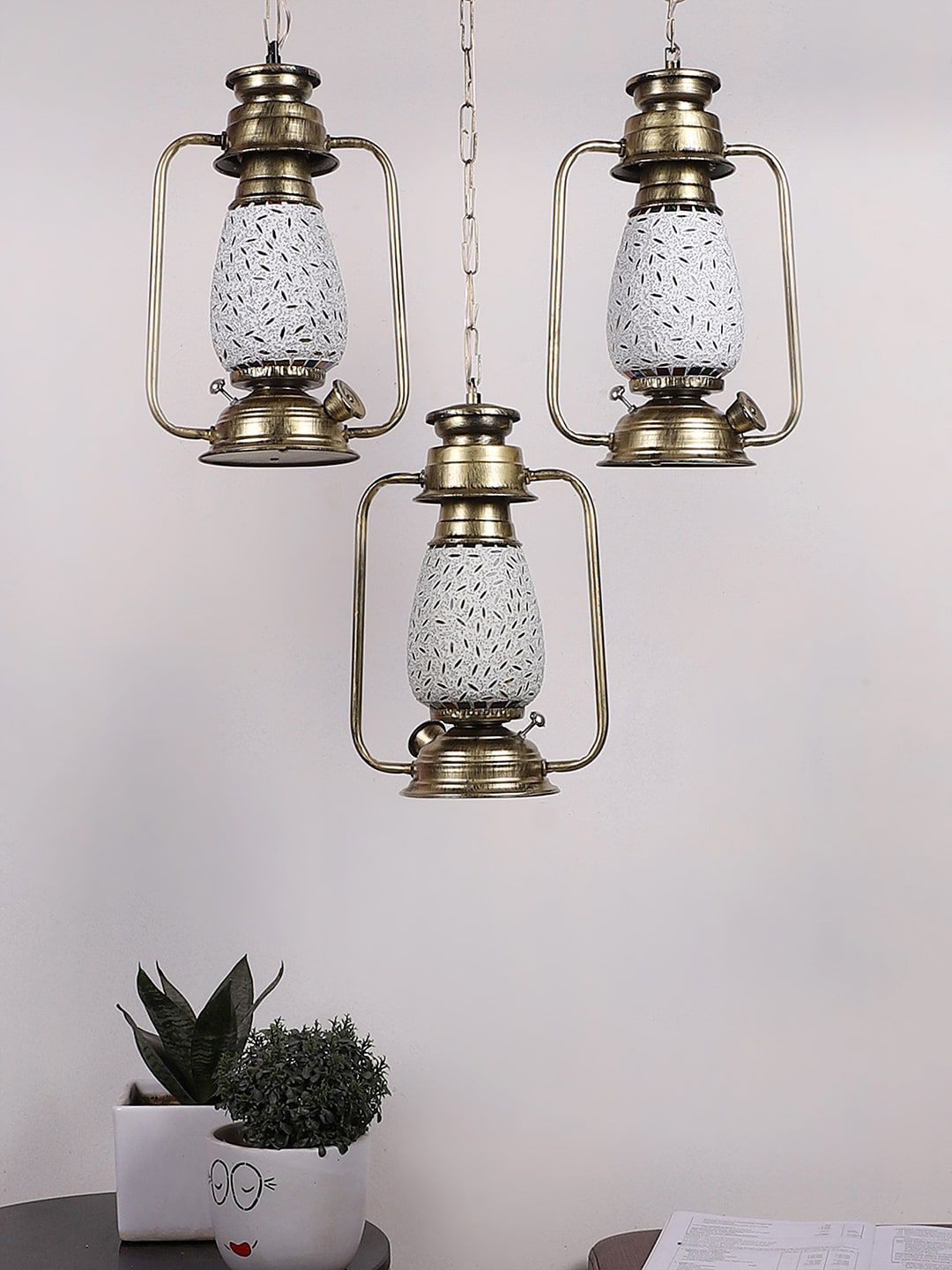 Devansh White & Red Textured Antique Quintuple Lantern Hanging Lamp-picture-33