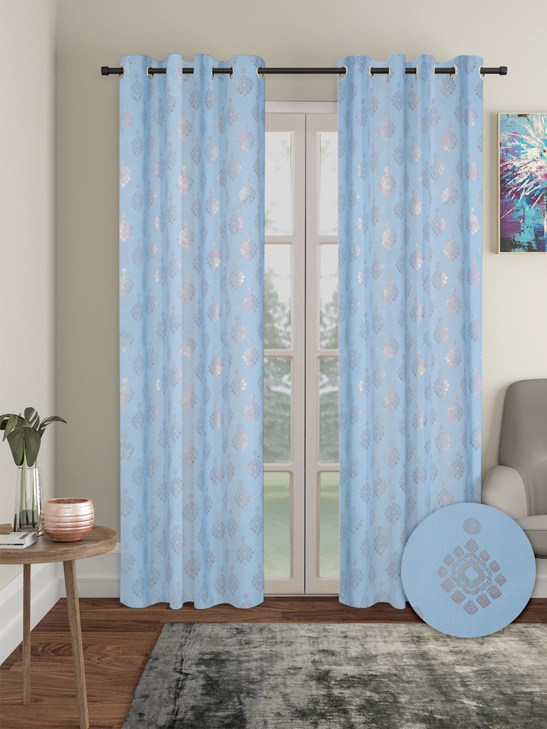 Cortina Blue & Silver Toned 2 Pieces Ethnic Motifs Black Out Long Door Curtains-image-42