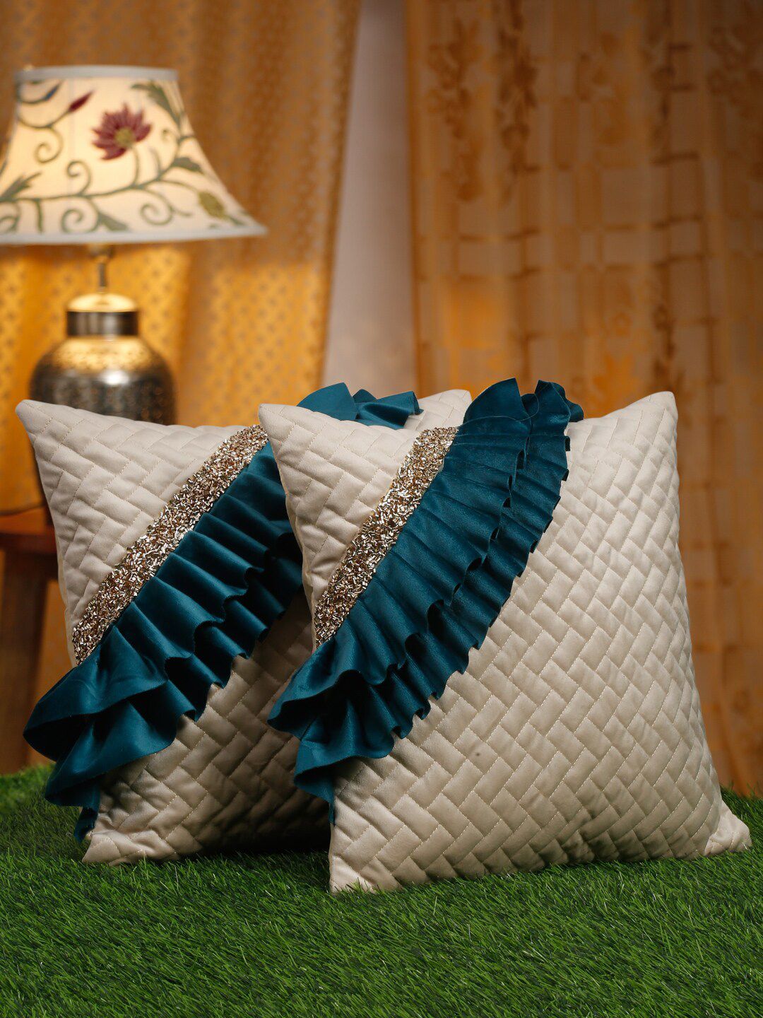 HOSTA HOMES Off White & Green 2 Pieces Geometric Square Cushion Covers-image-48