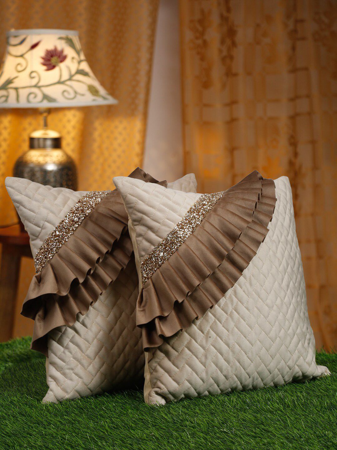 HOSTA HOMES Cream-Coloured & Brown 2 Pieces Embellished Square Cushion Covers