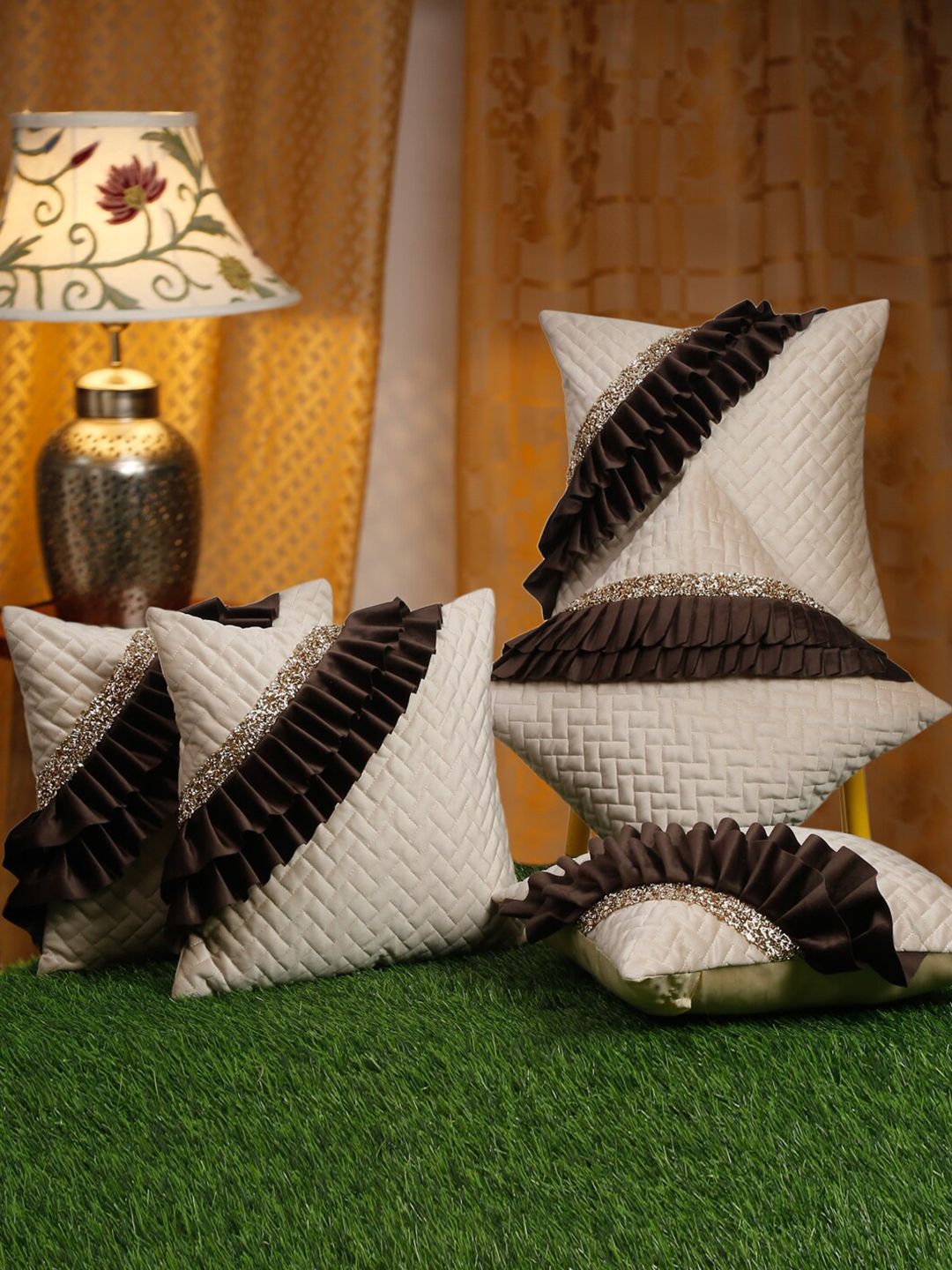 HOSTA HOMES Off White & Brown 5 Pieces Embellished Square Cushion Covers-image-49