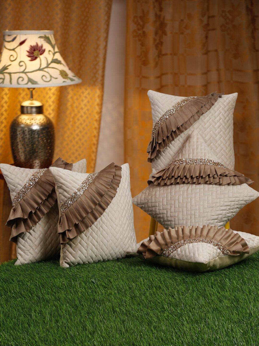 HOSTA HOMES Beige & Brown 5 Pieces Geometric Square Cushion Covers-image-49