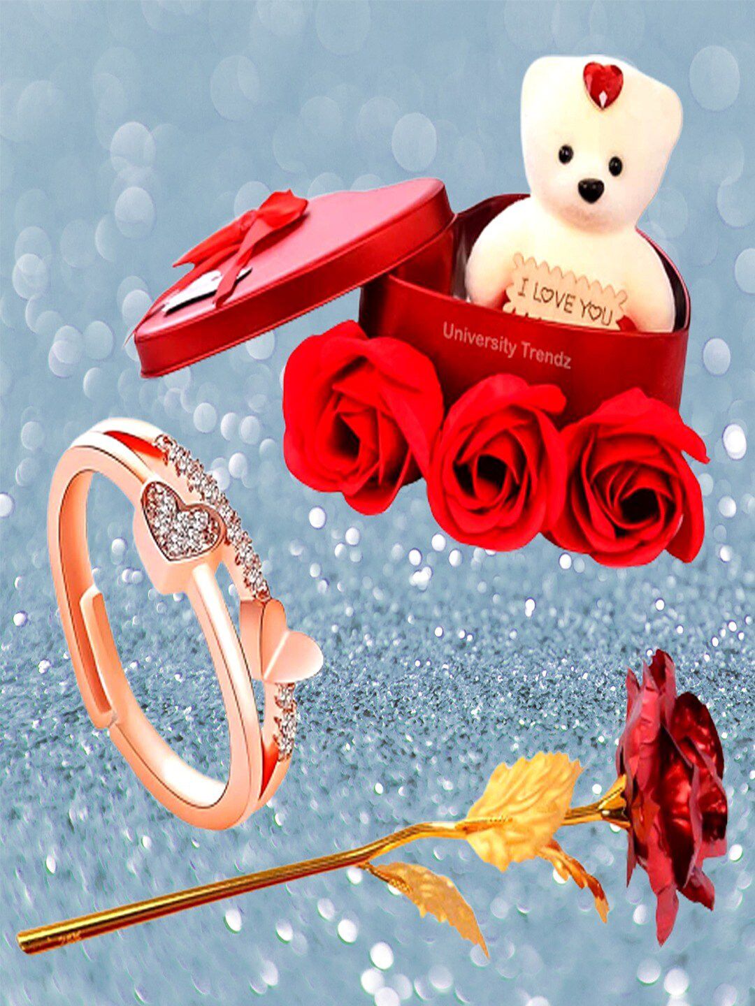 UNIVERSITY TRENDZ Rose Gold-Toned Crystal Stud Couple Ring with Mini Teddy Set-image-14