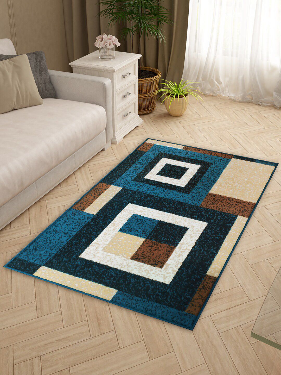 Story@home Blue & Brown Geometric Printed Anti-skid Floor Carpet-image-12