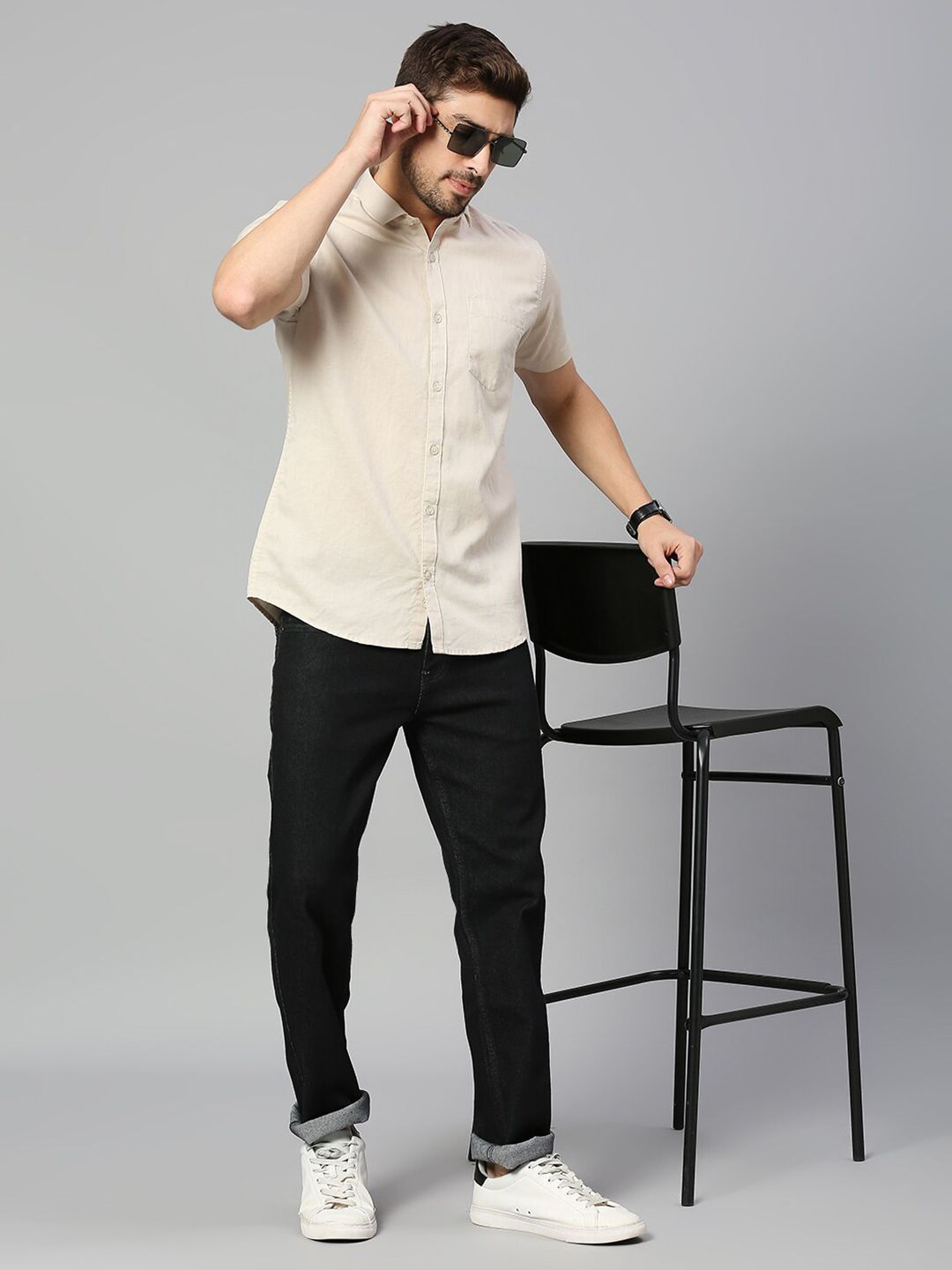 Mast & Harbour Beige Classic Slim Fit Cotton Linen Casual Shirt