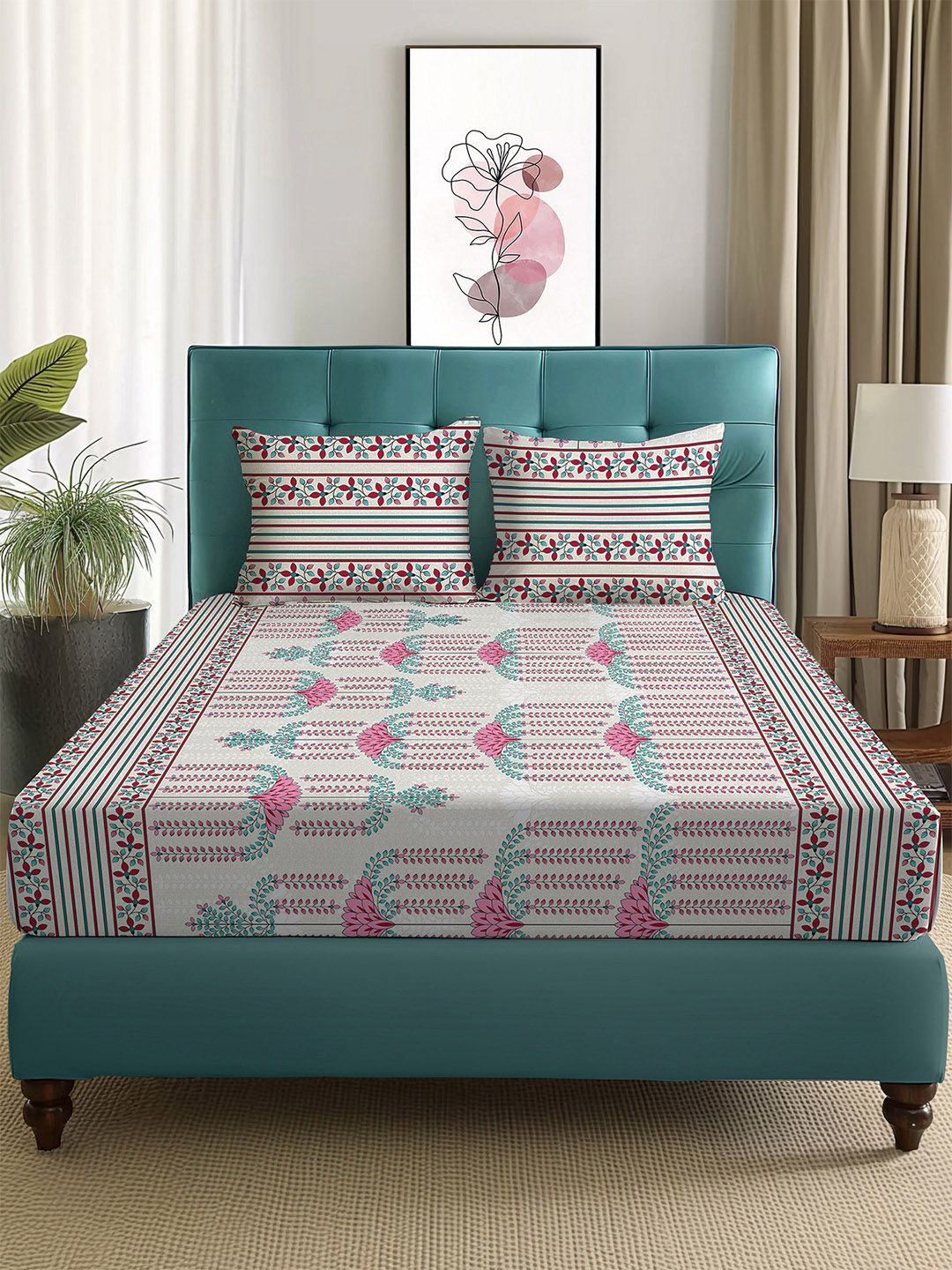 Story@home Arena Grey & Pink Floral Printed 180 TC Queen Bedsheet & 2 Pillow Covers-picture-41