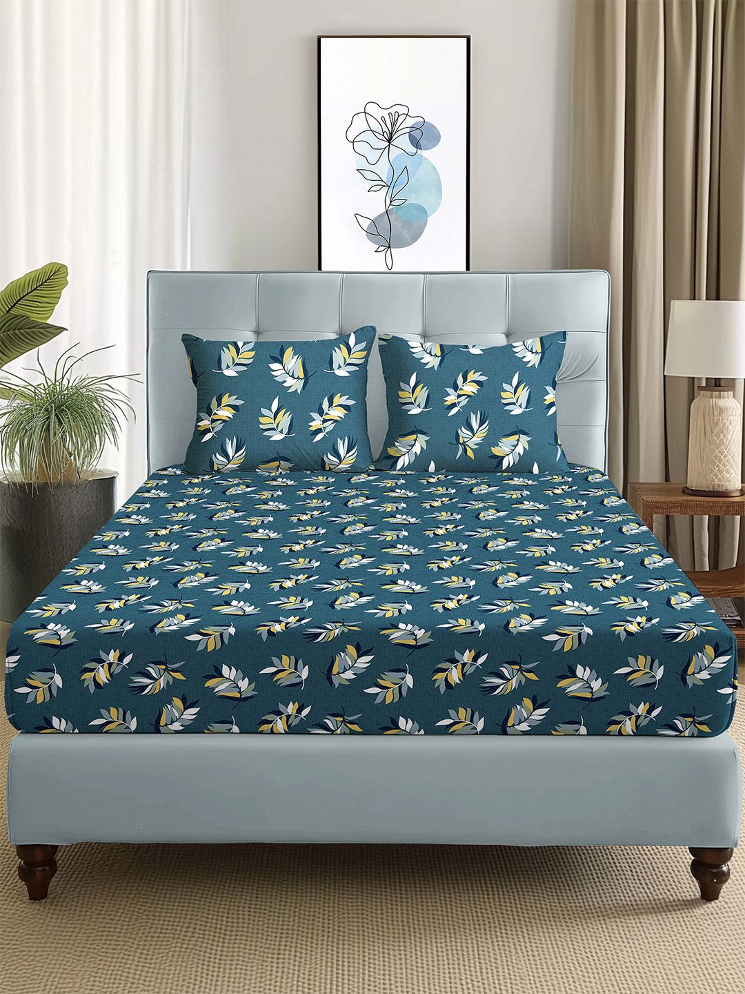 Story@home Arena Grey & Yellow Floral Printed 180 TC Queen Bedsheet & 2 Pillow Covers-picture-26