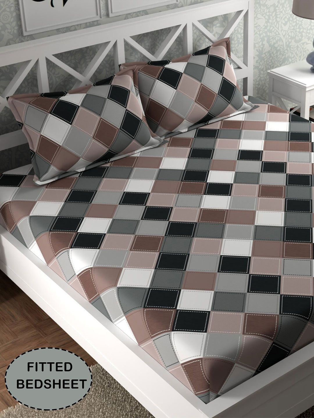 CG HOMES Grey & Black Geometric Fitted 210 TC Queen Bedsheet With 2 Pillow Covers-image-26