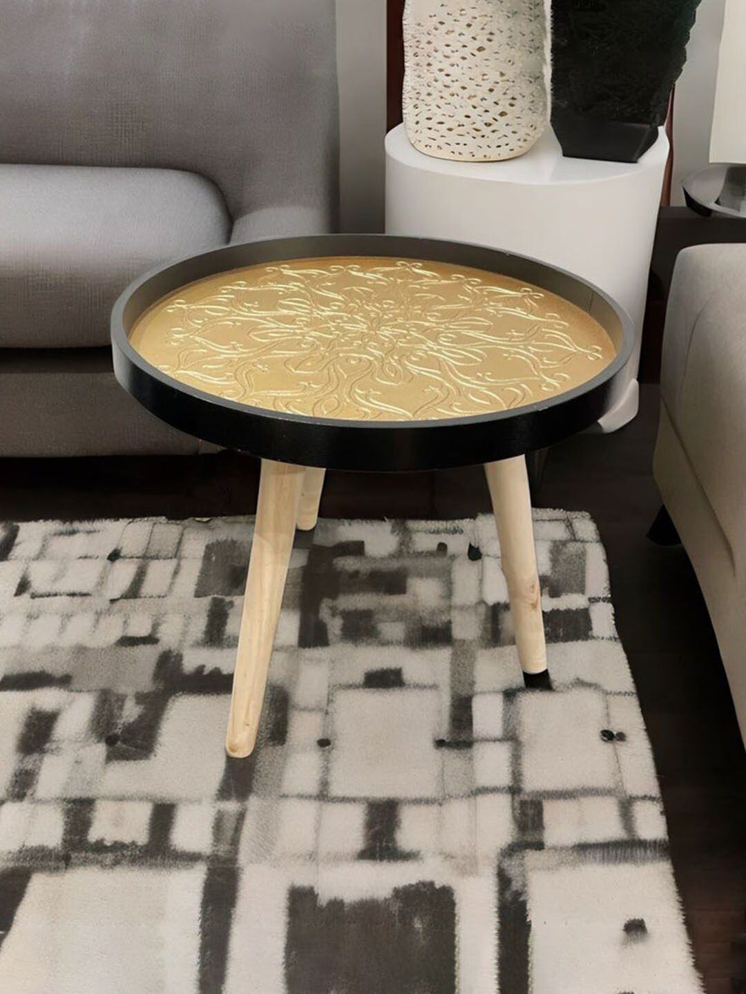 Art Street Cream-Colored & Black Textured Wooden Round Side Table-picture-42