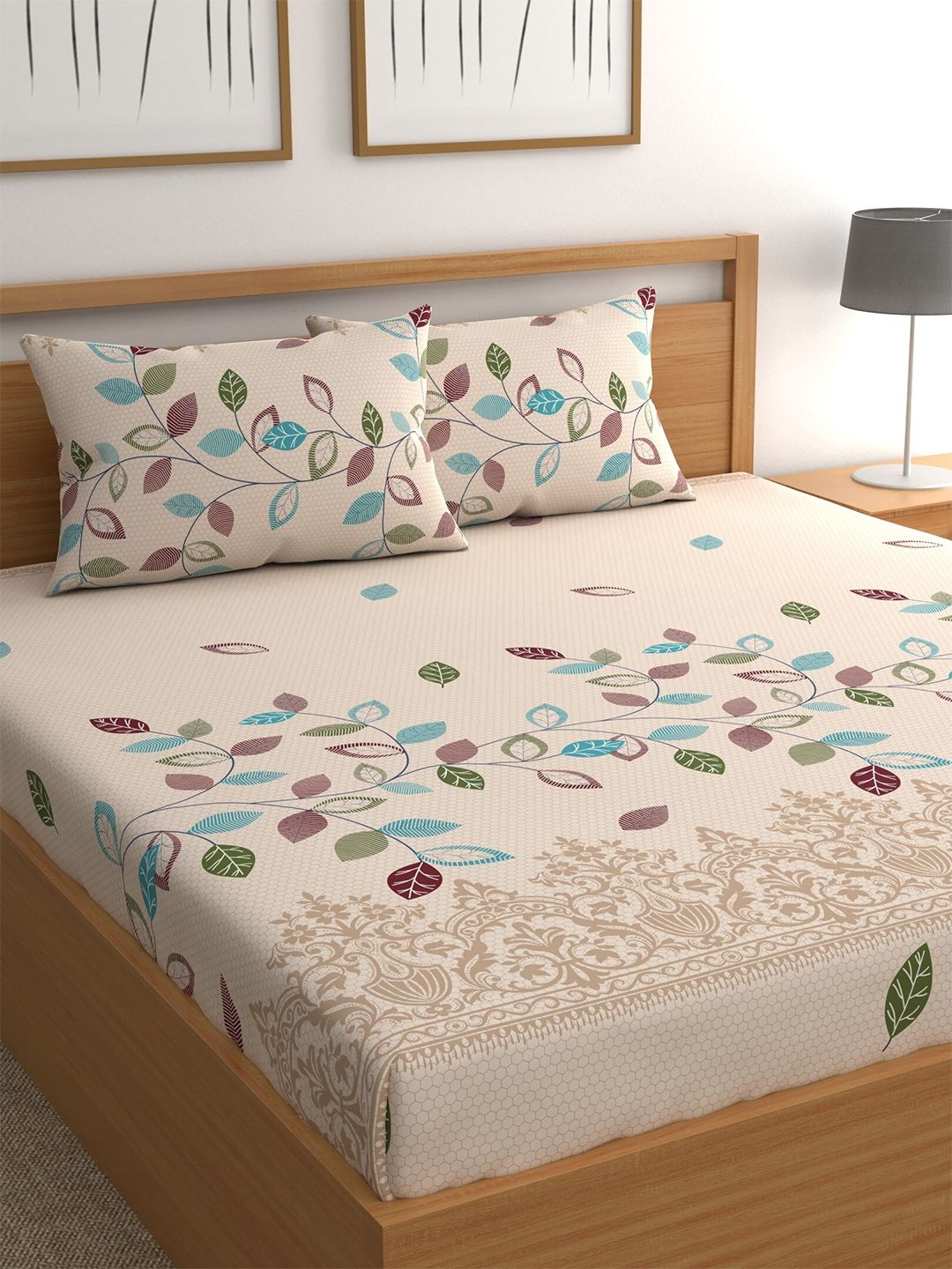CG HOMES Beige & Blue Floral Printed 180 TC Queen Bedsheet & 2 Pillow Covers-picture-34