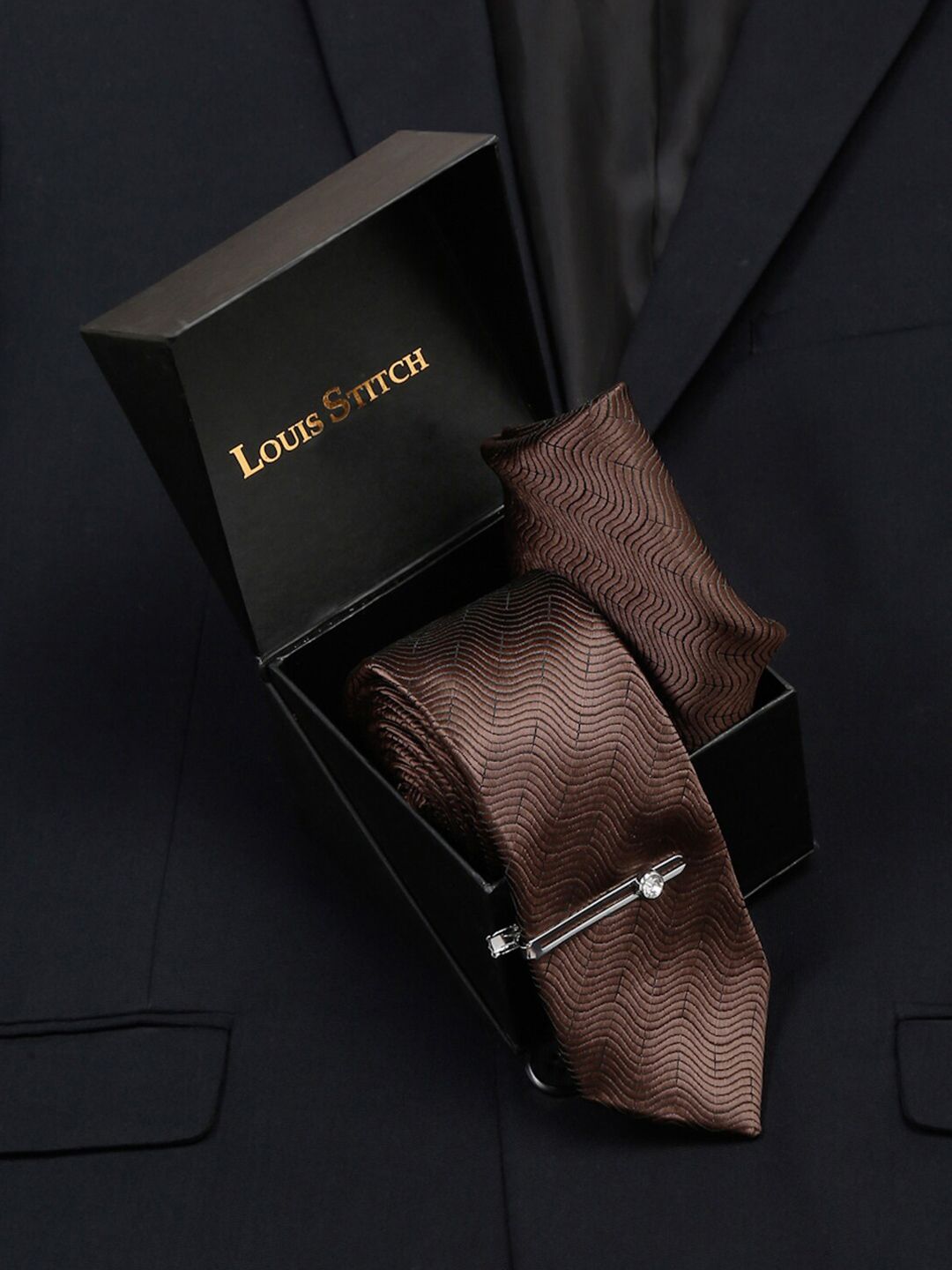 LOUIS STITCH Men Van Dyke Brown Italian Silk Necktie Accessory Gift Set-picture-42