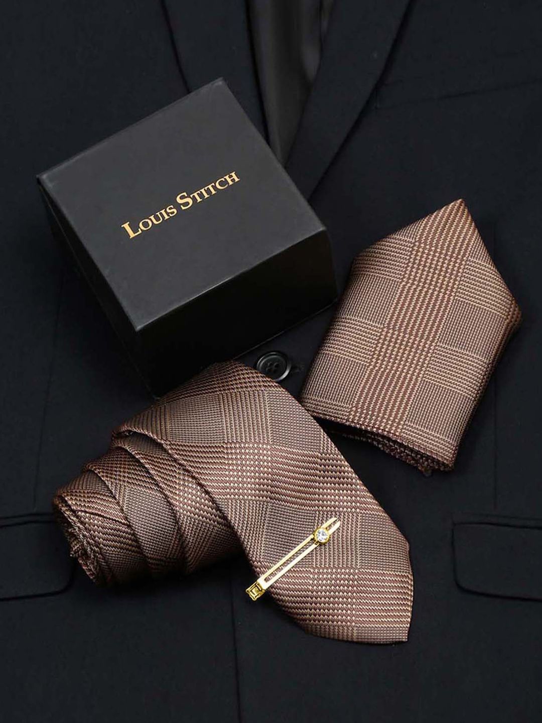 LOUIS STITCH Men Maple Brown Italian Silk Necktie Accessory Gift Set-picture-46