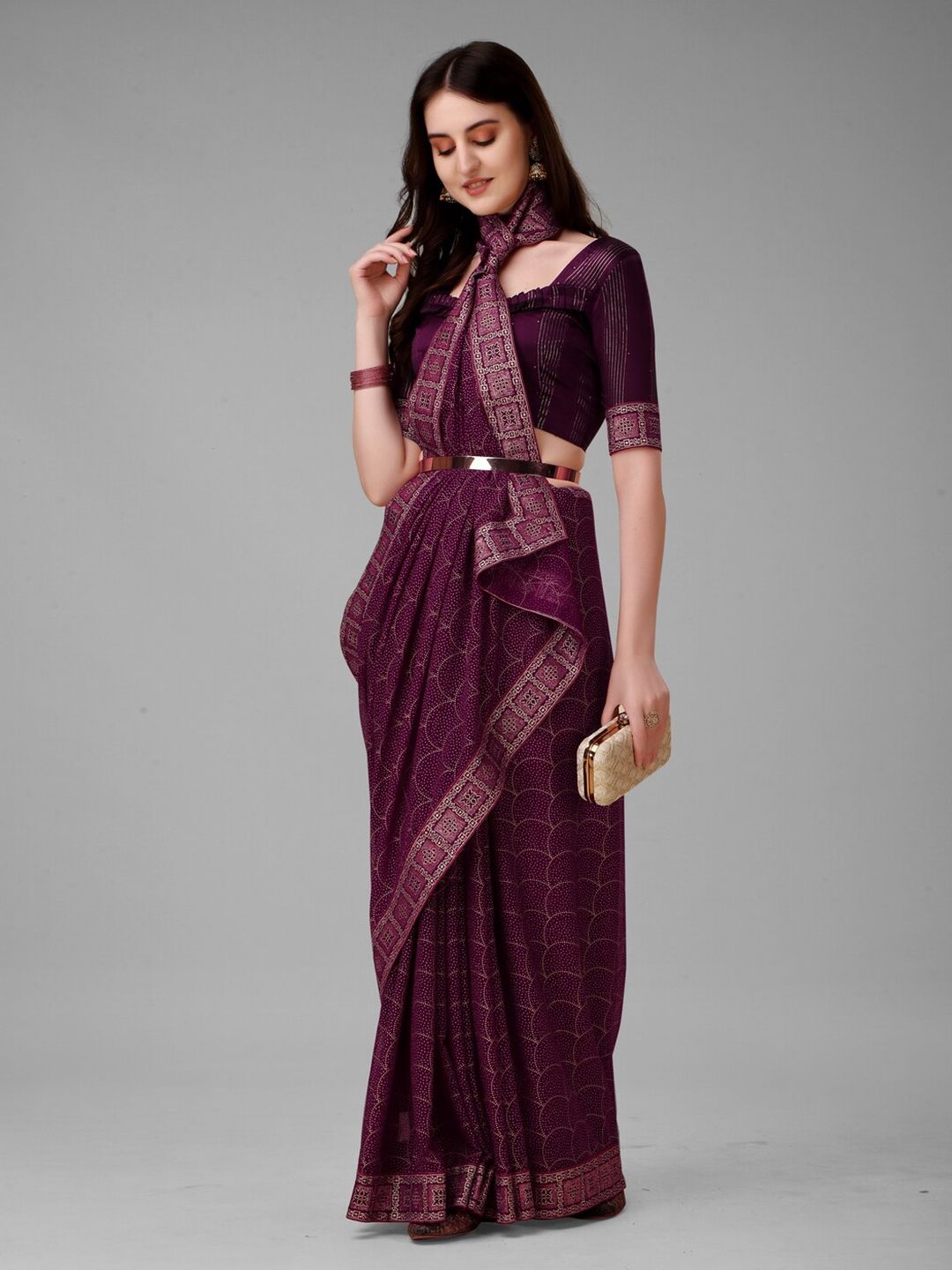 Burgundy Printed Silk Blend Sarees With Unstitched Blouse Piece