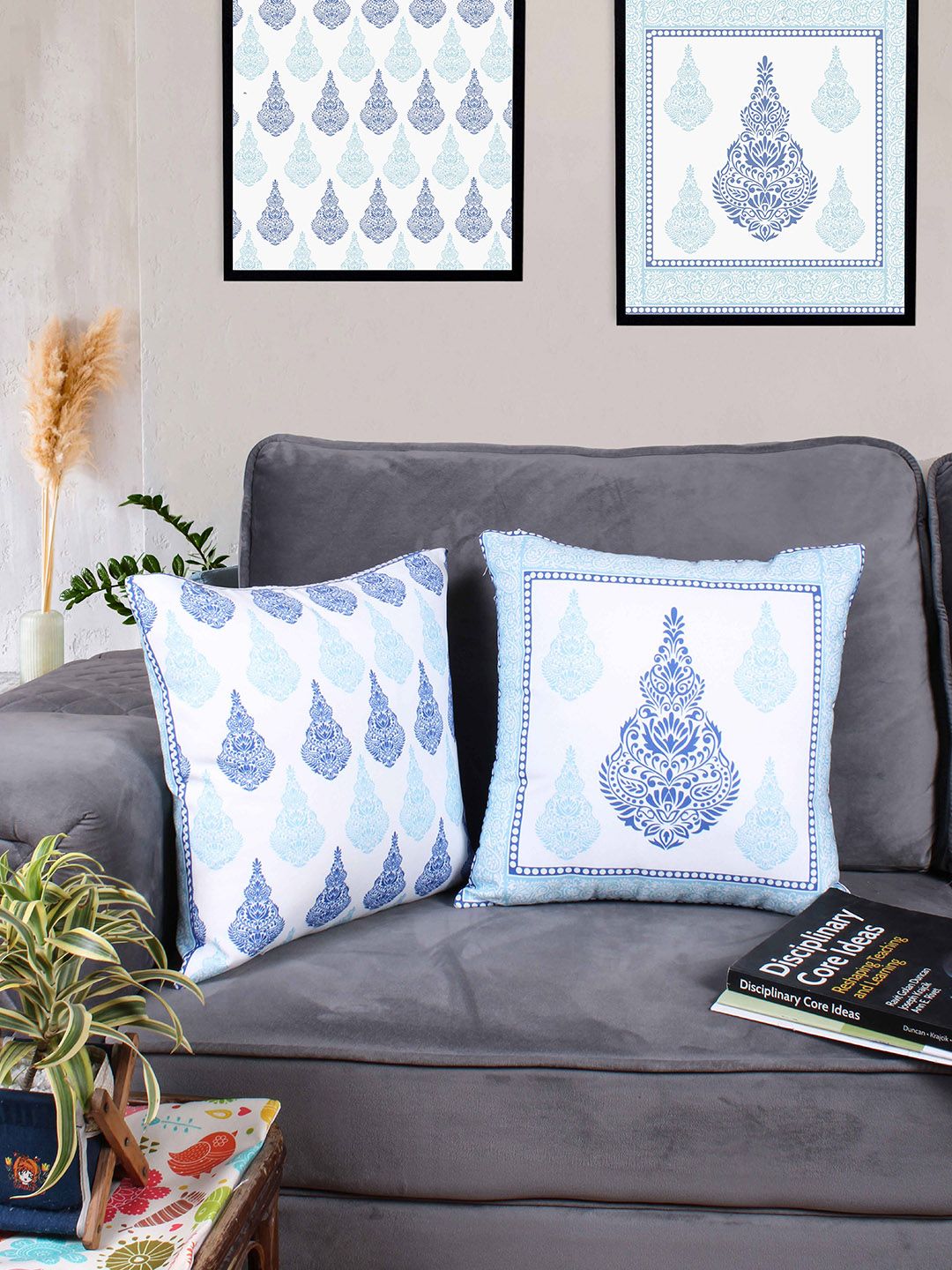 STITCHNEST White & Blue 2 Pieces Ethnic Motifs Square Cushion Covers-picture-30