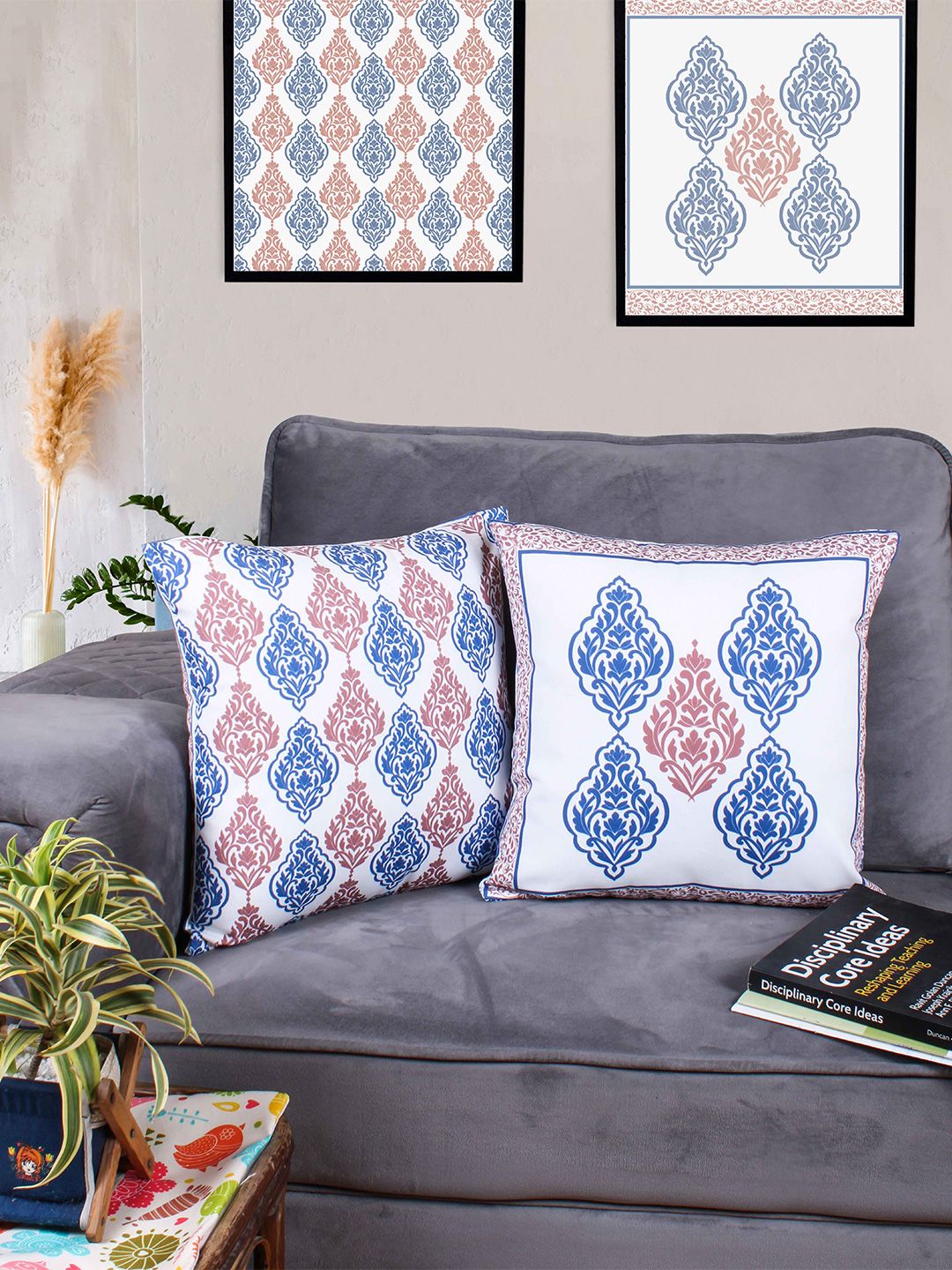 STITCHNEST White & Blue 2 Pieces Ethnic Motifs Square Cushion Covers-picture-16