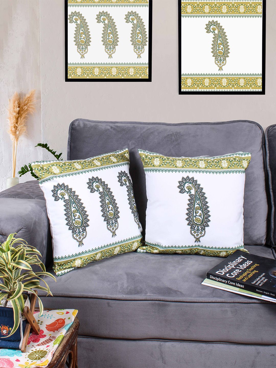 STITCHNEST Yellow & White 2 Pieces Ethnic Motifs Square Cushion Covers-picture-11