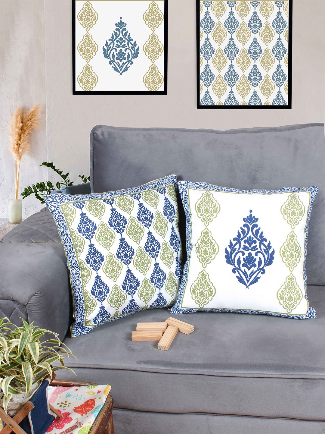 STITCHNEST White & Blue 2 Pieces Ethnic Motifs Square Cushion Covers-picture-40