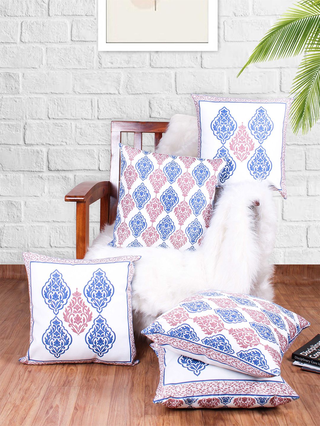 STITCHNEST White & Red 5 Pieces Ethnic Motifs Square Cushion Covers-picture-18