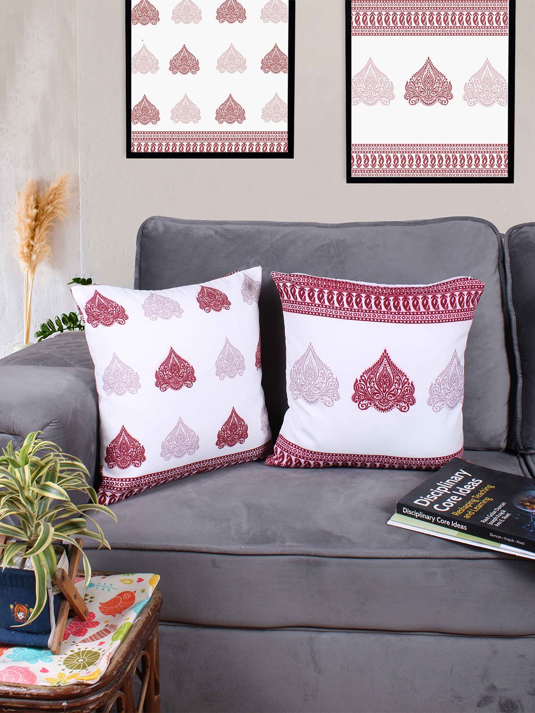 STITCHNEST White & Red 5 Pieces Ethnic Motifs Square Cushion Covers-picture-13