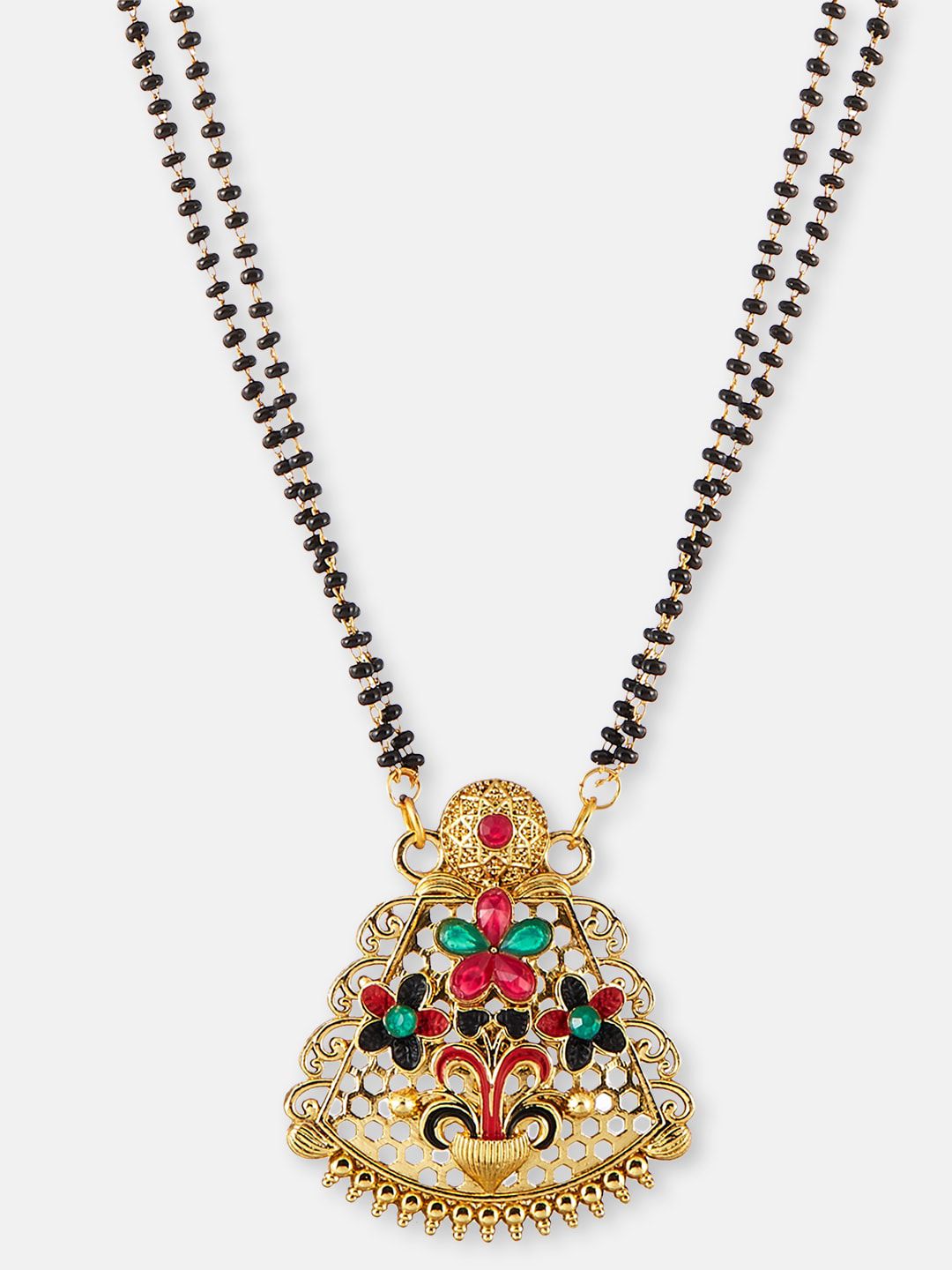ATIBELLE Gold-Plated Pink Stone-Studded & Beaded Mangalsutra With Earrings