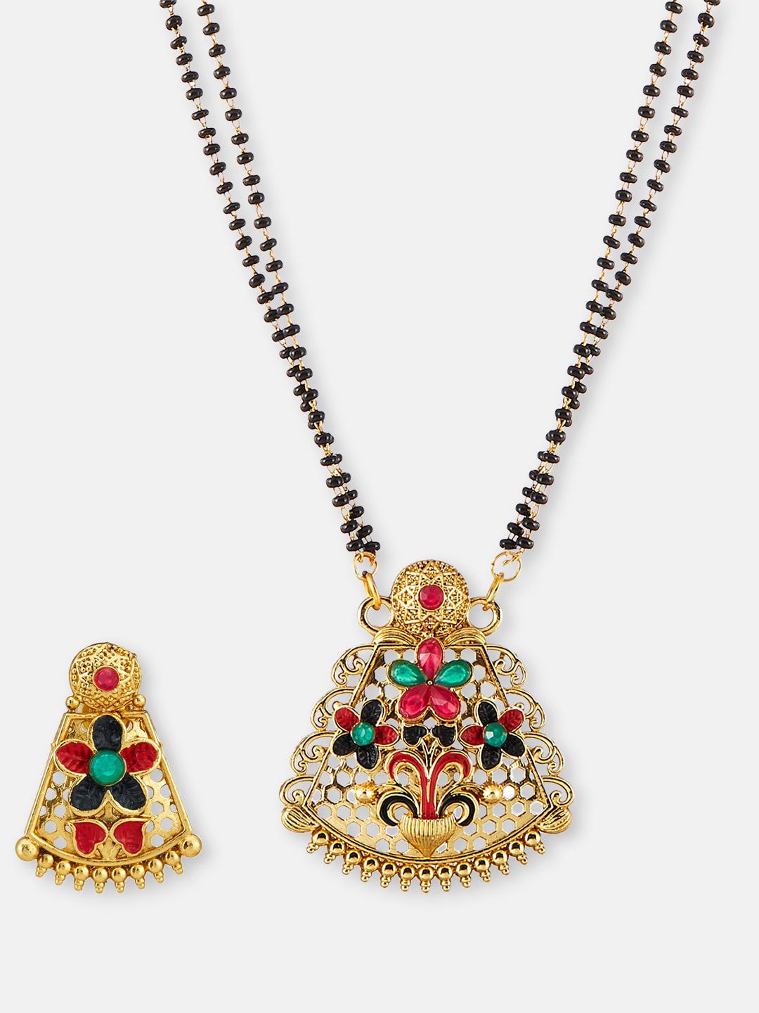 ATIBELLE Gold-Plated Pink Stone-Studded & Beaded Mangalsutra With Earrings