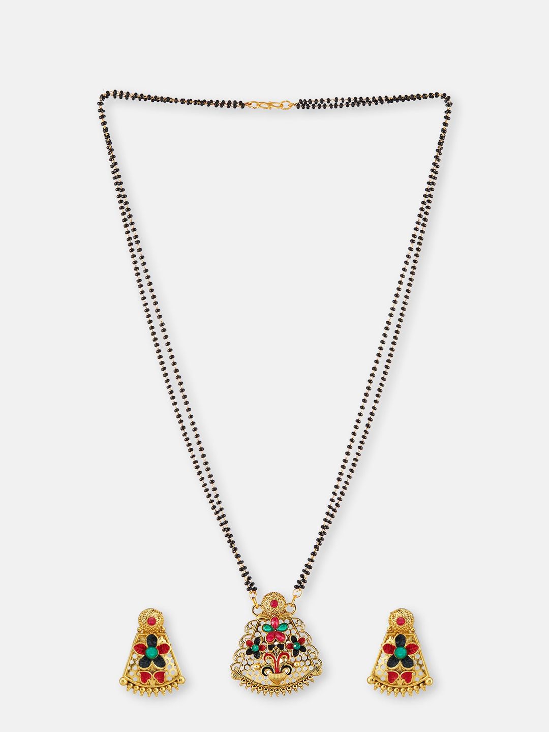 ATIBELLE Gold-Plated Pink Stone-Studded & Beaded Mangalsutra With Earrings