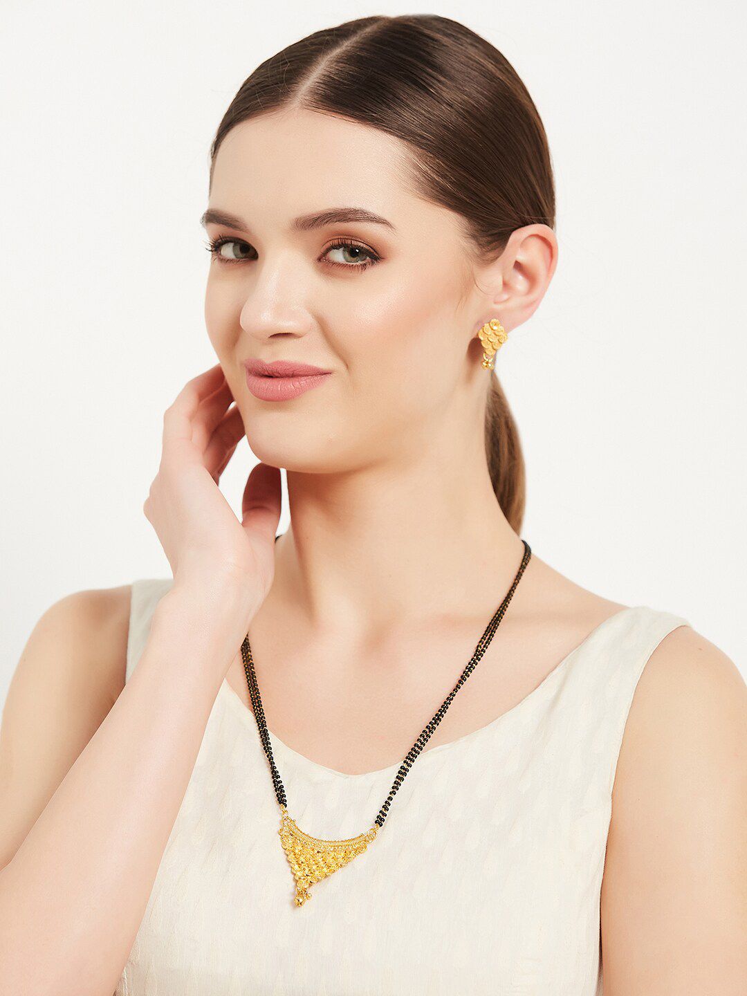 ATIBELLE Gold-Plated Beaded Mangalsutra With Earrings