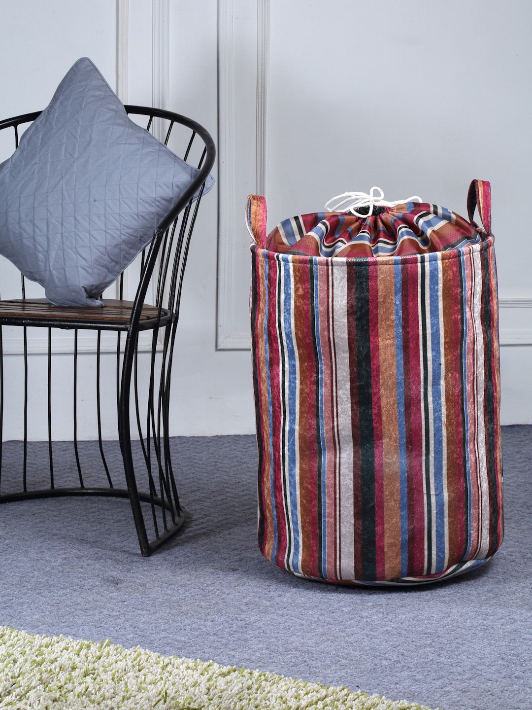 FABINALIV White & Pink Striped Foldable Laundry Bag-image-2