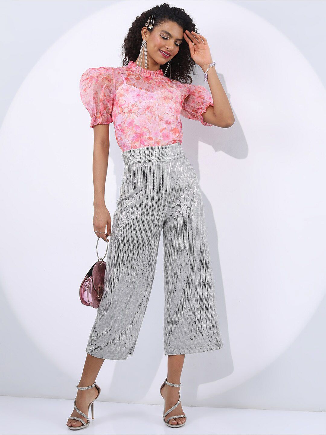 Buy Tokyo Talkies Red Floral Printed Puff Sleeve Organza Top