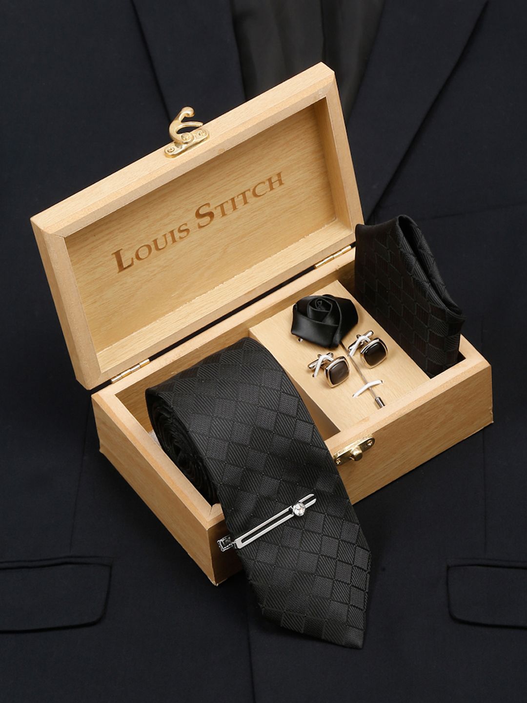 LOUIS STITCH Men's Sable Black Italian Silk Necktie Accessory Gift Set